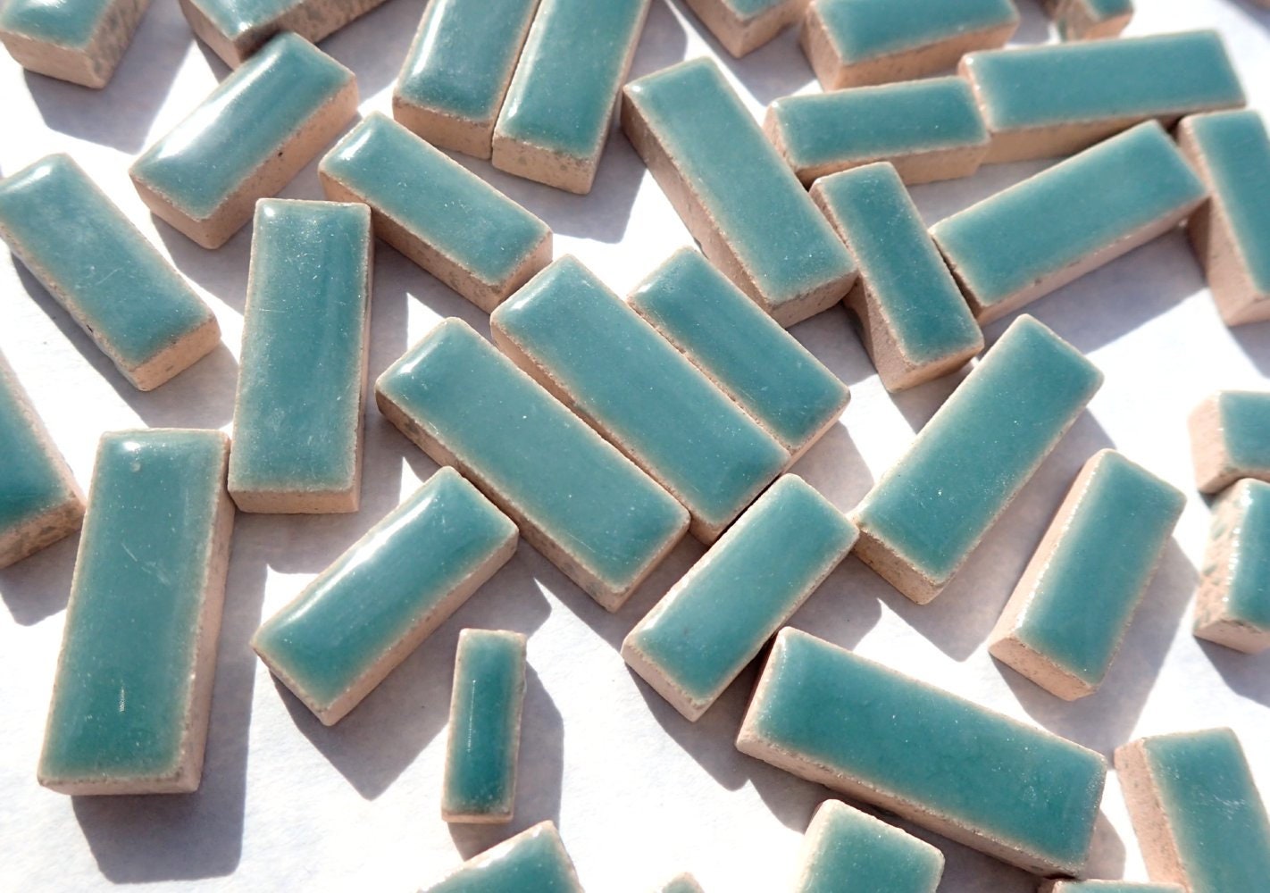 Deep Sea Green Mini Rectangles Mosaic Tiles - 50g Ceramic in Mix of 3 Sizes 1/2" and 3/4" in Phthalo Green