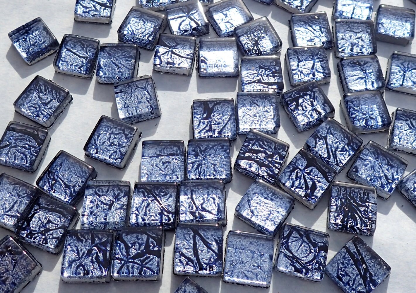 Midnight Blue Foil Square Crystal Tiles - 10mm - 50g Metallic Glass Tiles in Dark Blue - Approx 50 Tiles