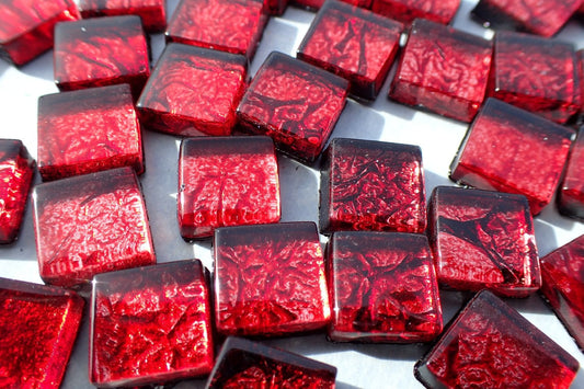 Red Foil Mini Square Crystal Tiles - 10mm - 50g Metallic Glass Tiles in Garnet - Approx 50 Tiles