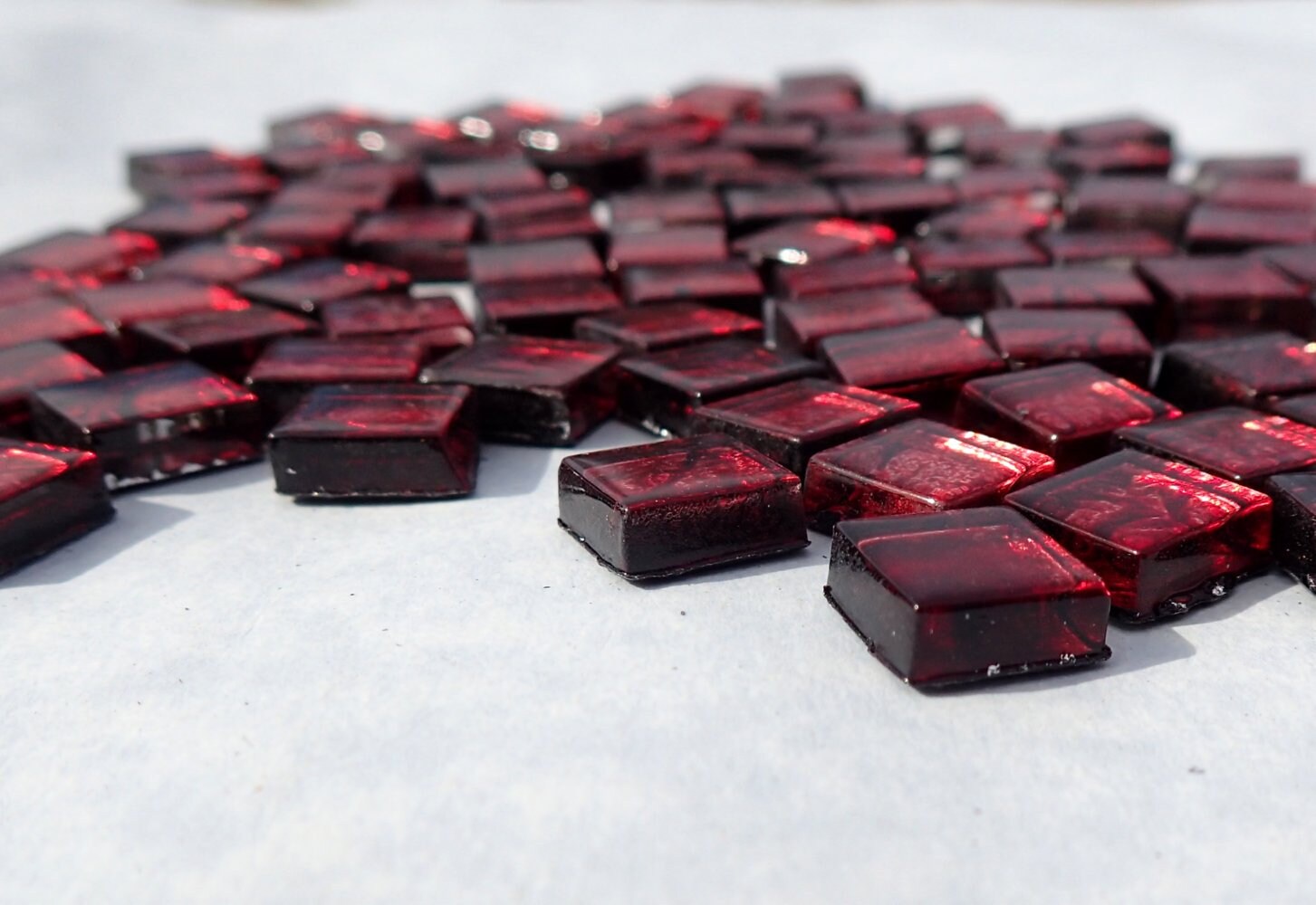 Red Foil Mini Square Crystal Tiles - 10mm - 50g Metallic Glass Tiles in Garnet - Approx 50 Tiles