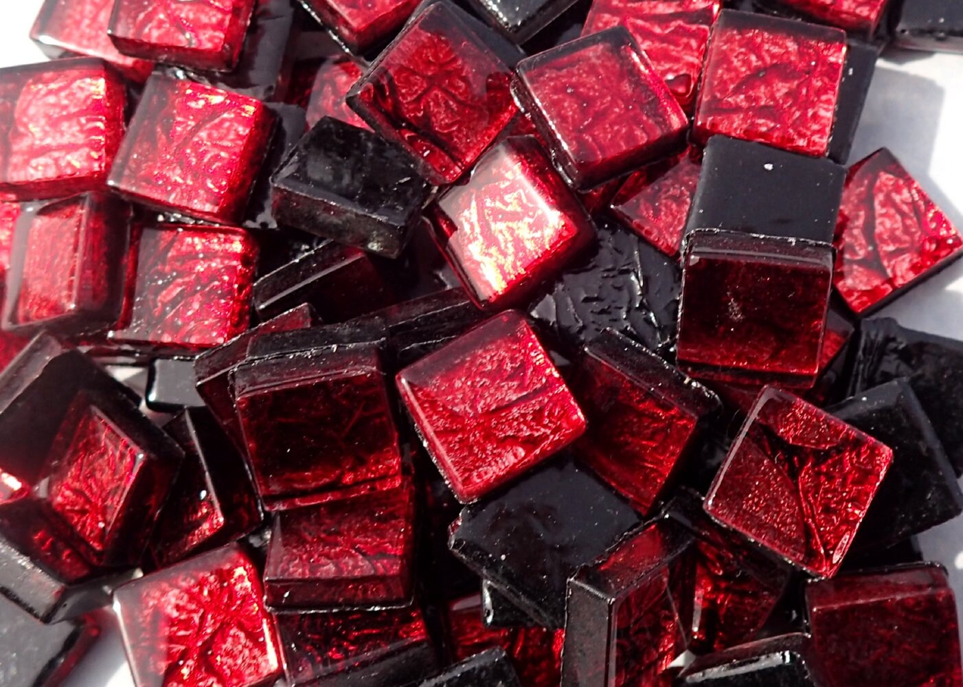 Red Foil Mini Square Crystal Tiles - 10mm - 50g Metallic Glass Tiles in Garnet - Approx 50 Tiles