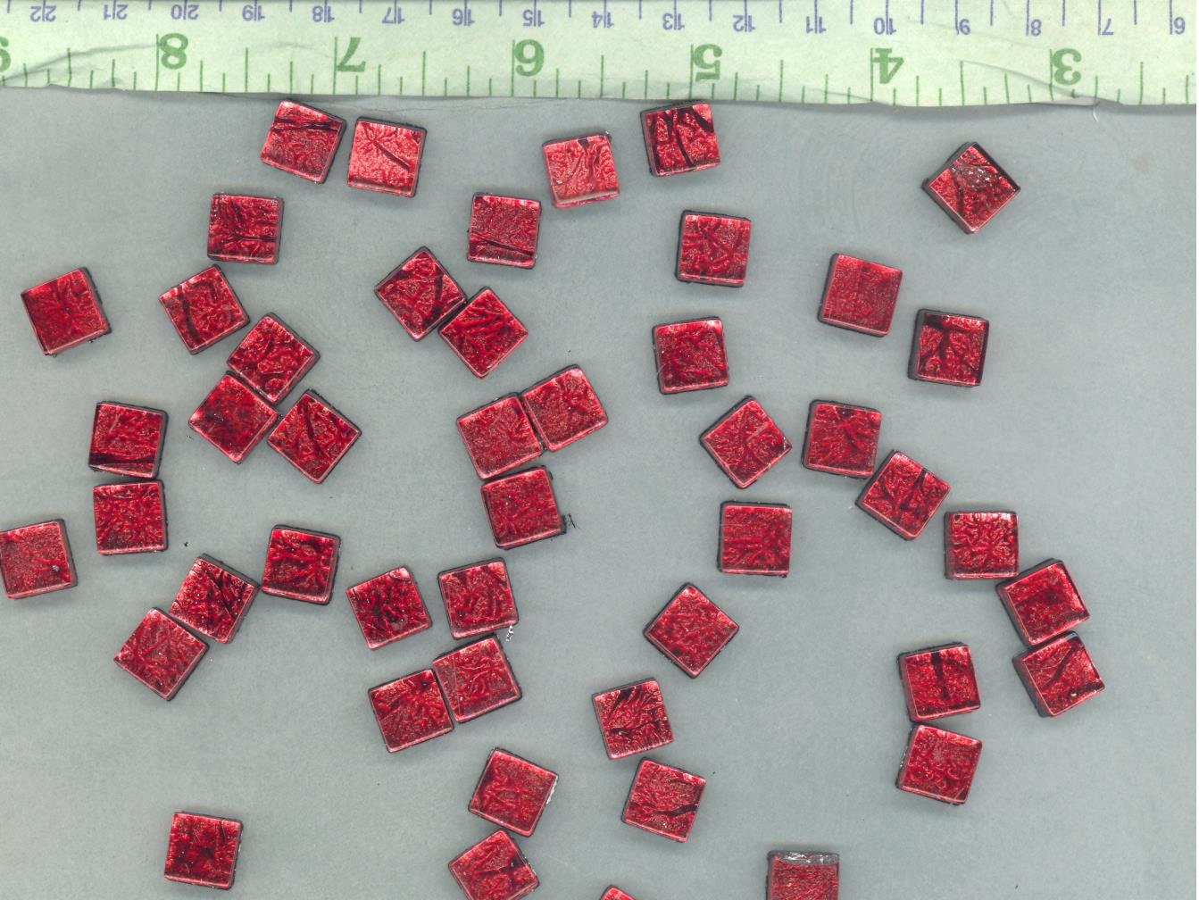 Red Foil Mini Square Crystal Tiles - 10mm - 50g Metallic Glass Tiles in Garnet - Approx 50 Tiles