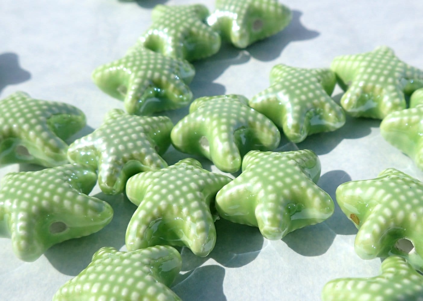 Lime Green Starfish Beads - Ceramic Mosaic Tiles - 10 Puffy Sea Star Beads