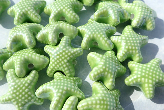 Lime Green Starfish Beads - Ceramic Mosaic Tiles - 10 Puffy Sea Star Beads