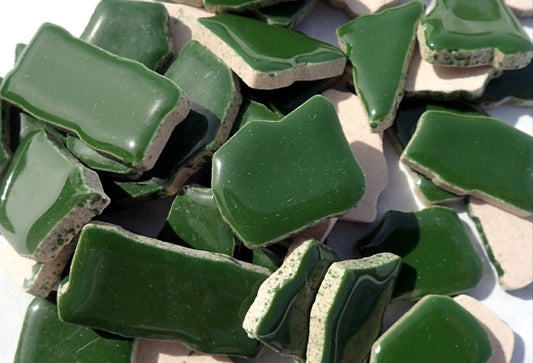 Dark Green Mosaic Ceramic Tiles - Jigsaw Puzzle Shaped Pieces - Half Pound - Assorted Sizes Random Shapes in Pesto