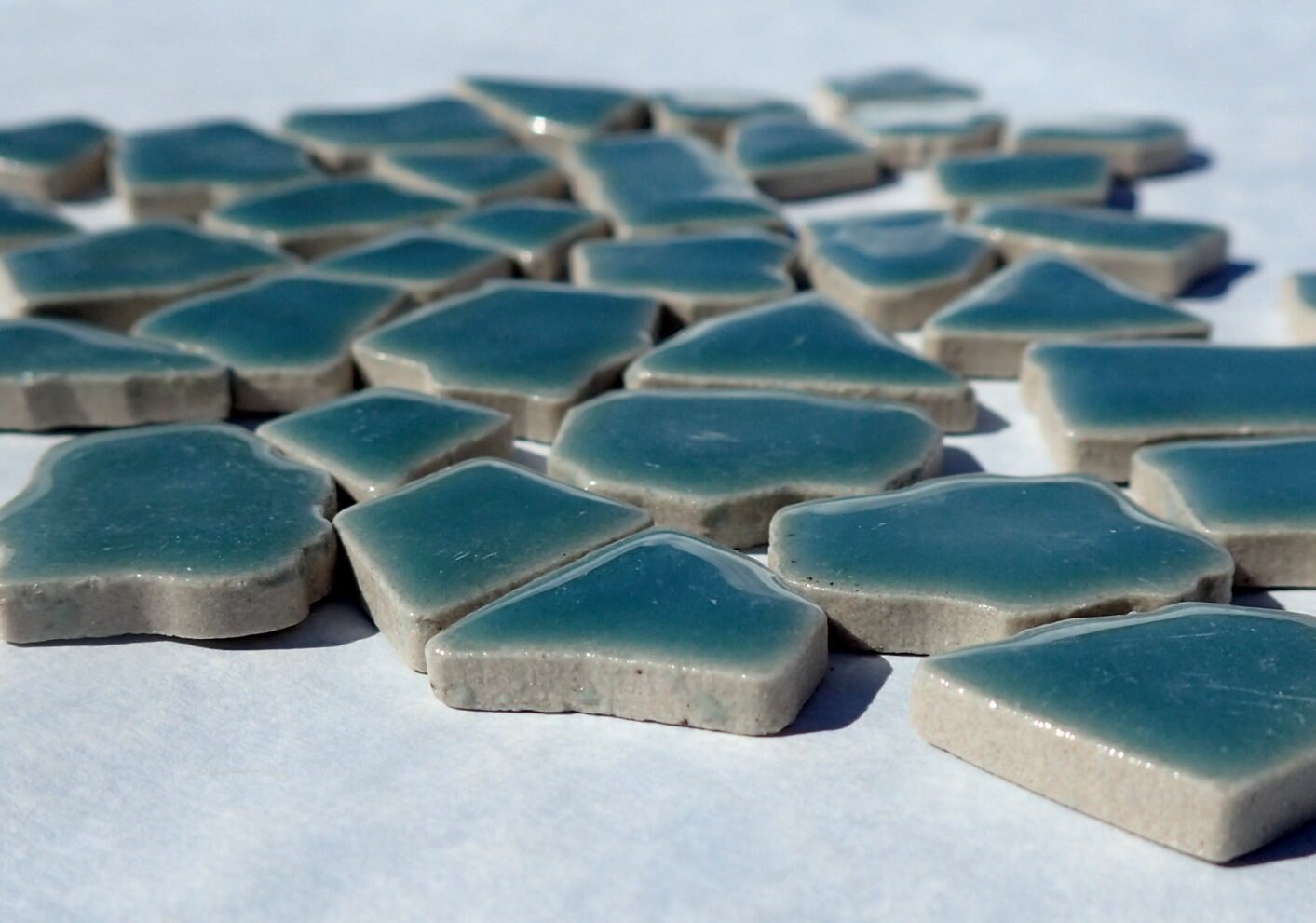 Sea Green Mosaic Ceramic Tiles - Jigsaw Puzzle Shaped Pieces - Half Pound - Assorted Sizes Random Shapes in Phthalo Green