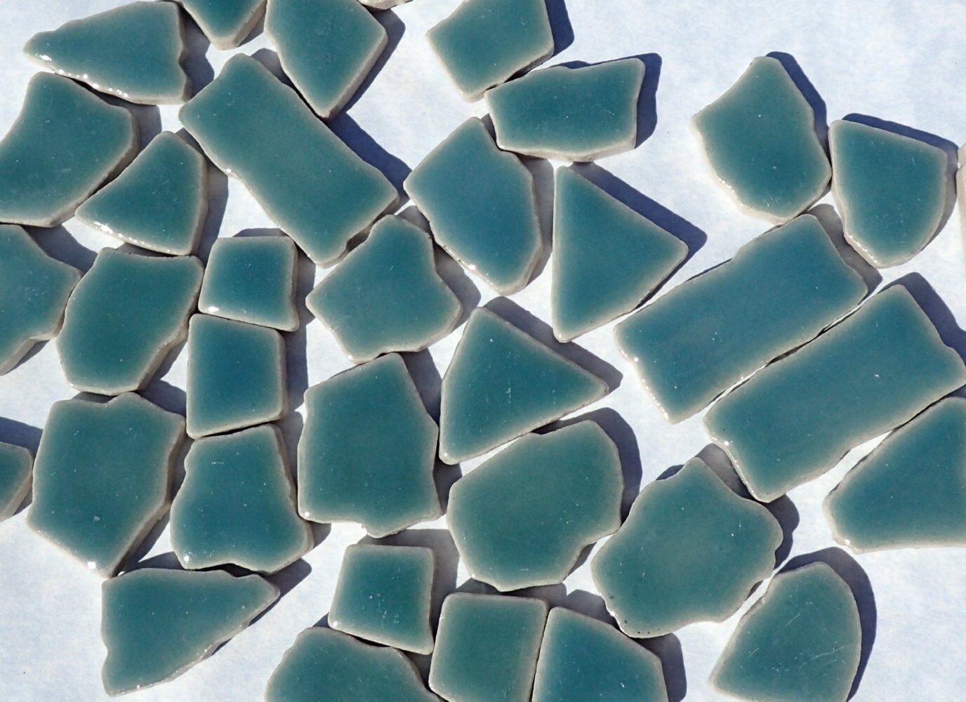 Sea Green Mosaic Ceramic Tiles - Jigsaw Puzzle Shaped Pieces - Half Pound - Assorted Sizes Random Shapes in Phthalo Green