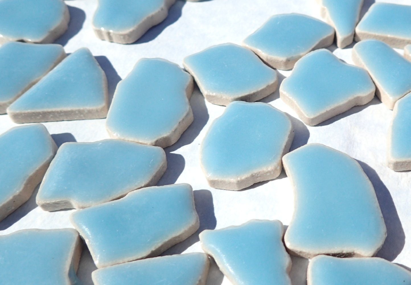 Light Blue Mosaic Ceramic Tiles - Jigsaw Puzzle Shaped Pieces - Half Pound - Assorted Sizes Random Shapes - Azure