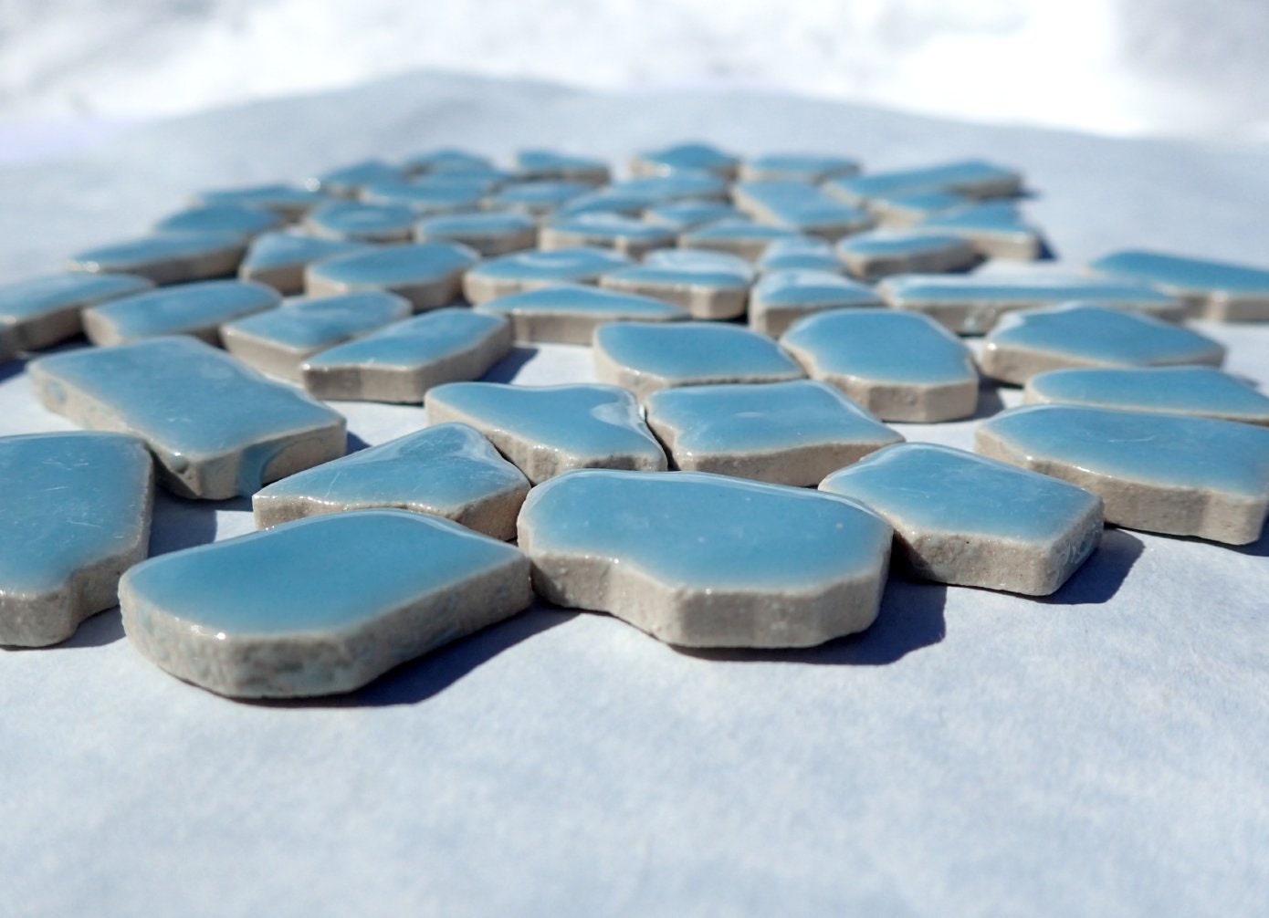 Light Blue Mosaic Ceramic Tiles - Jigsaw Puzzle Shaped Pieces - Half Pound - Assorted Sizes Random Shapes - Azure