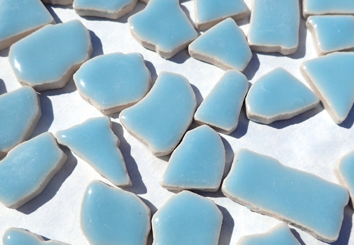 Light Blue Mosaic Ceramic Tiles - Jigsaw Puzzle Shaped Pieces - Half Pound - Assorted Sizes Random Shapes - Azure
