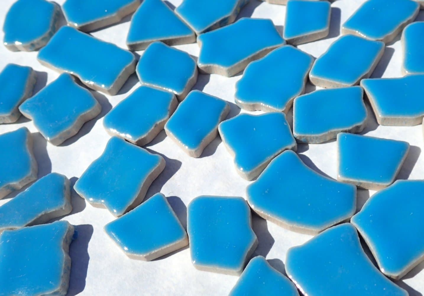 Mediterranean Blue Mosaic Ceramic Tiles - Jigsaw Puzzle Shaped Pieces - Half Pound - Assorted Sizes Random Shapes in Thalo Blue
