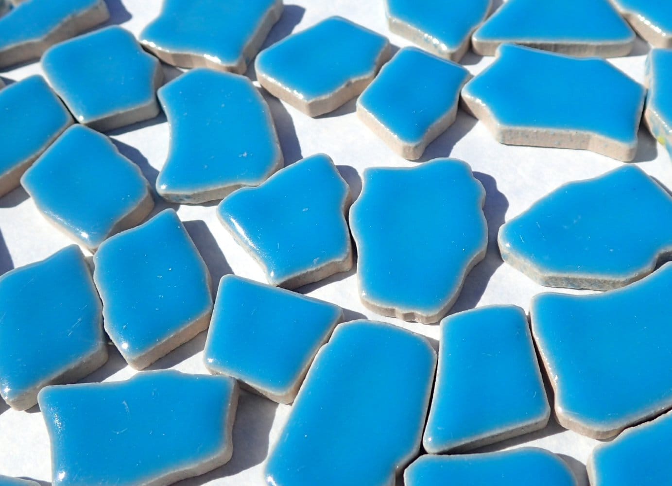 Mediterranean Blue Mosaic Ceramic Tiles - Jigsaw Puzzle Shaped Pieces - Half Pound - Assorted Sizes Random Shapes in Thalo Blue