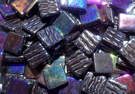 Black Iridescent Glass Square Mosaic Tiles - 12mm Opaque Glass Solid Color - 50g of Squares