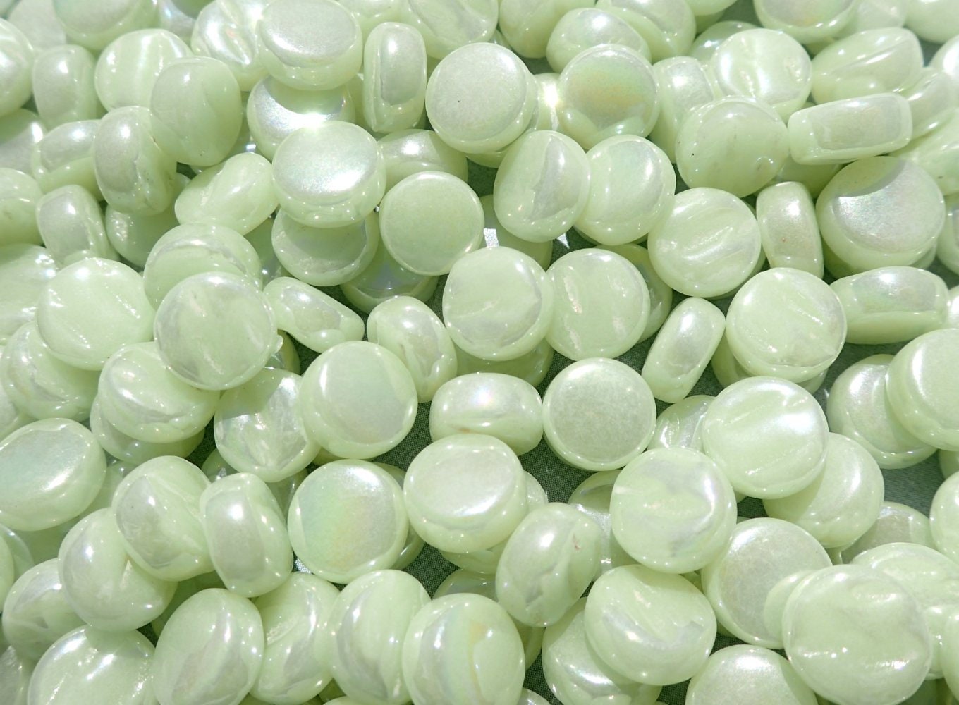 Soft Green Iridescent MINI Glass Drops Mosaic Tiles - 50 grams - Over 100 Tiles