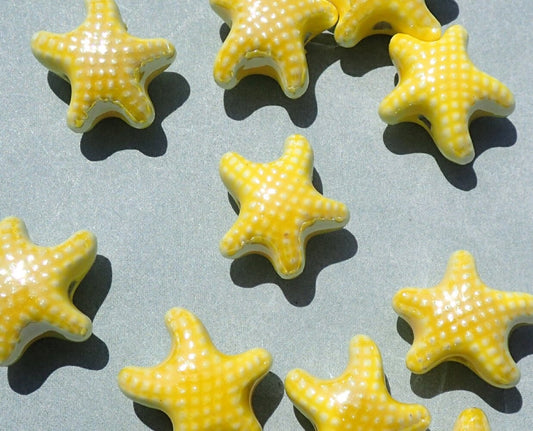 Bright Yellow Starfish Beads - Ceramic Mosaic Tiles - 10 Puffy Beads - Jewelry Supplies