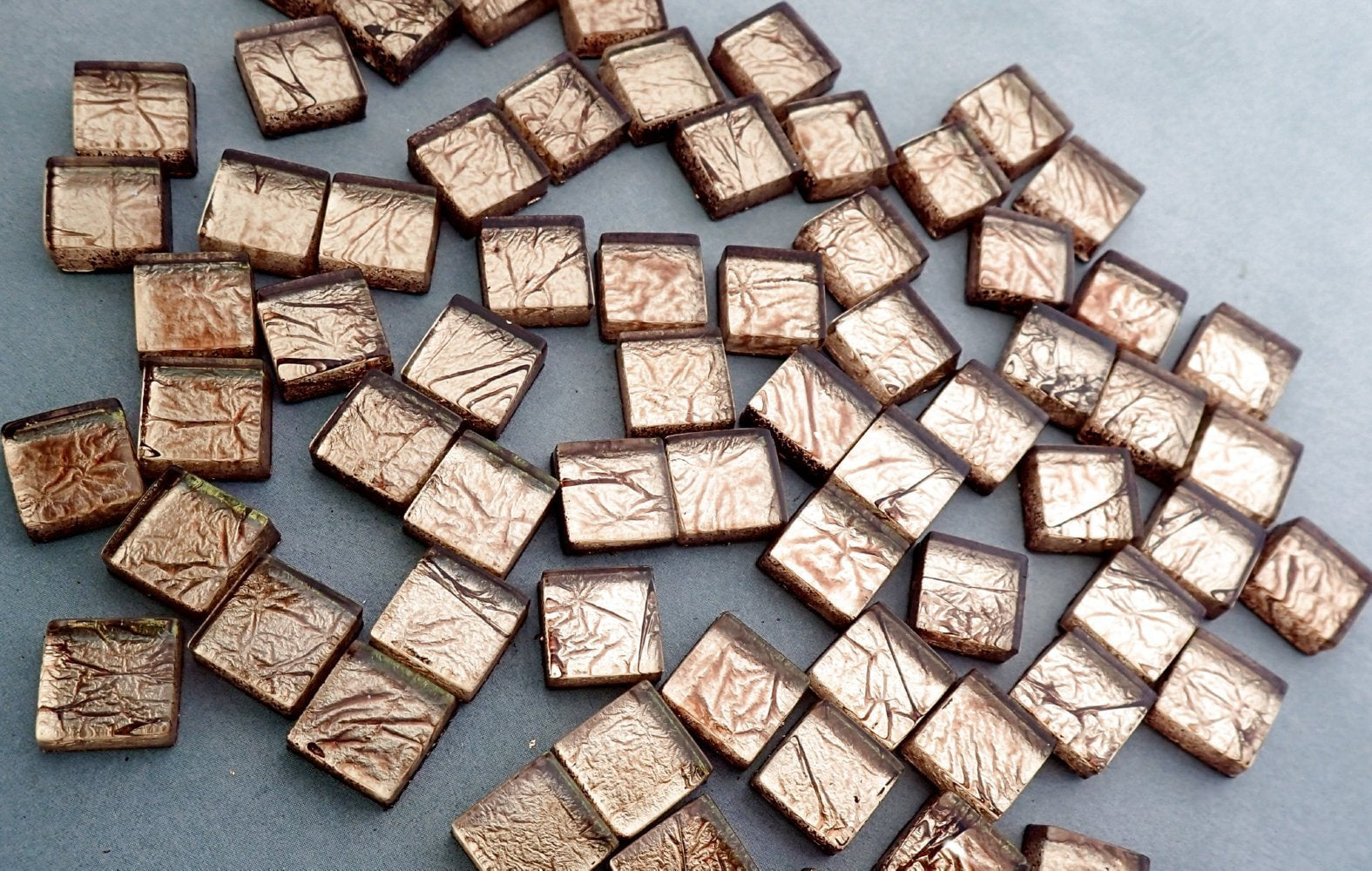 Bronze Foil Mini Square Crystal Tiles - 10mm - 50g Metallic Glass Tiles - Approx 50 Tiles