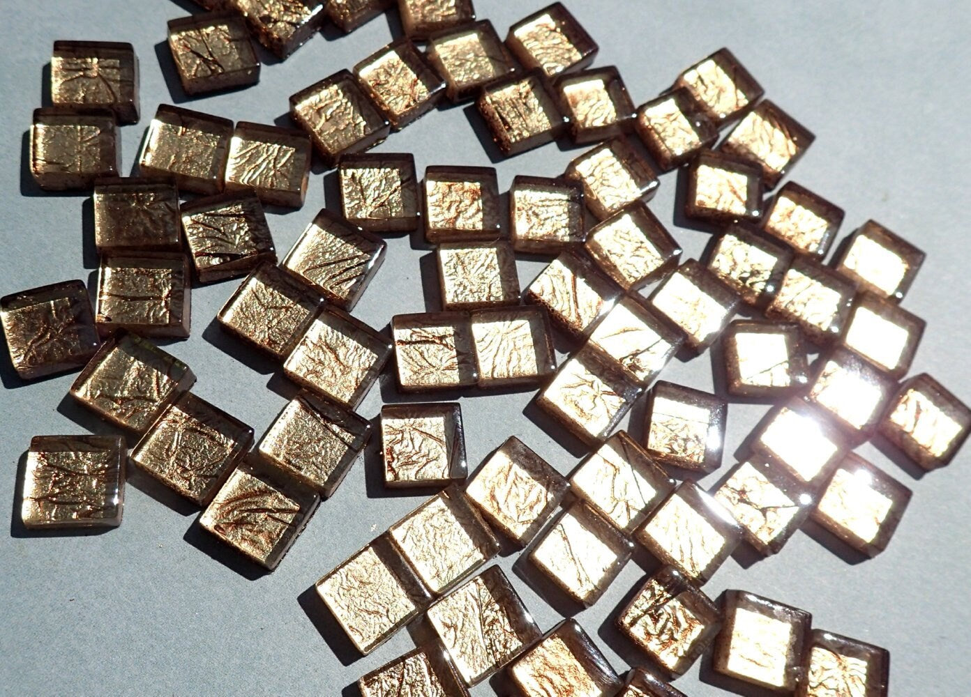 Bronze Foil Mini Square Crystal Tiles - 10mm - 50g Metallic Glass Tiles - Approx 50 Tiles