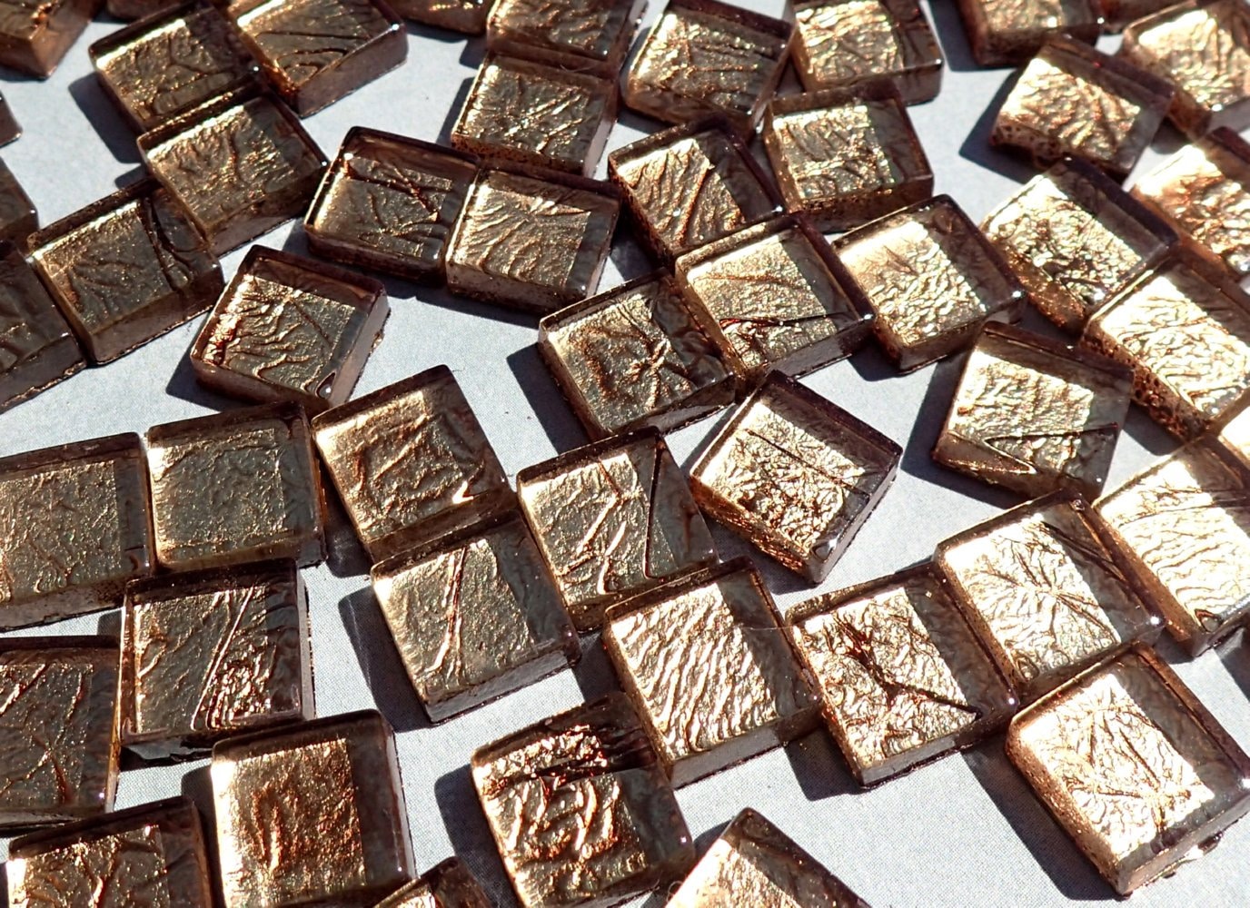 Bronze Foil Mini Square Crystal Tiles - 10mm - 50g Metallic Glass Tiles - Approx 50 Tiles