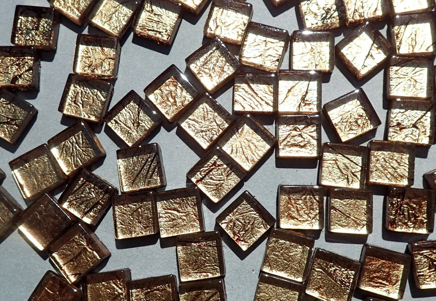 Bronze Foil Mini Square Crystal Tiles - 10mm - 50g Metallic Glass Tiles - Approx 50 Tiles