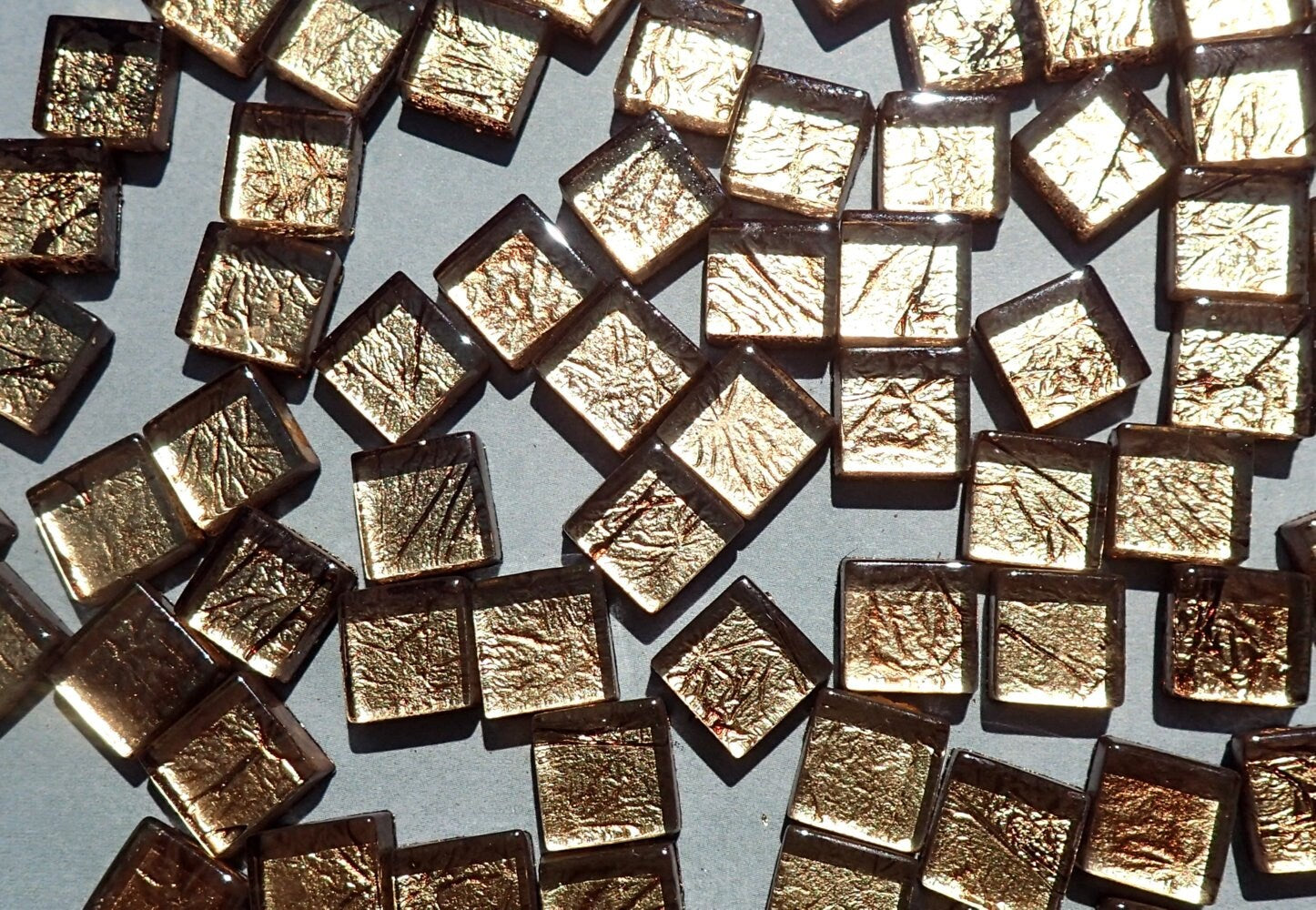 Bronze Foil Mini Square Crystal Tiles - 10mm - 50g Metallic Glass Tiles - Approx 50 Tiles
