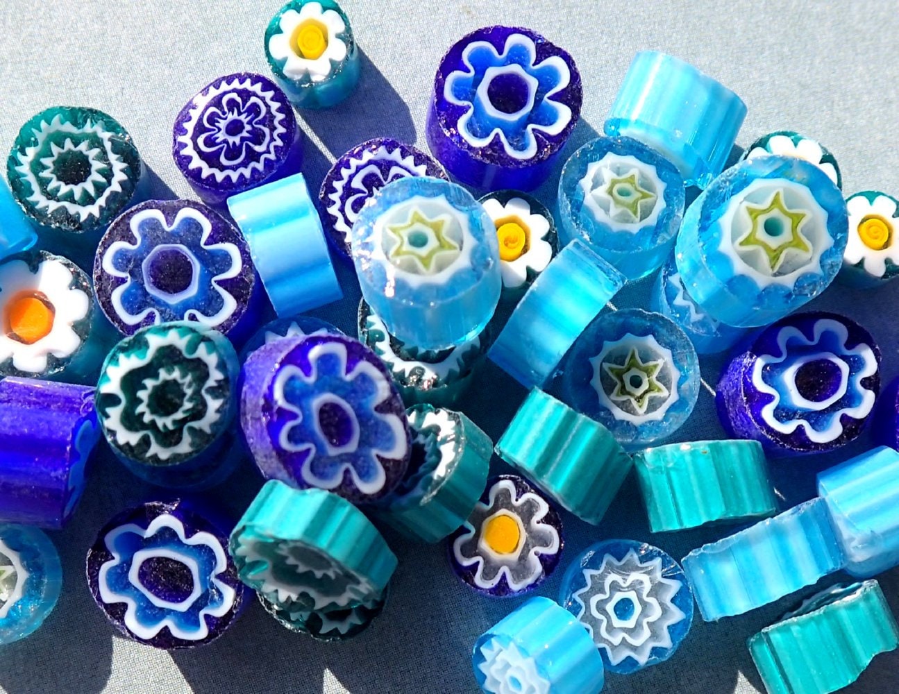 By the Sea Blue Millefiori - 25 grams - Unique Mosaic Glass Tiles - Mix of Different Floral Patterns