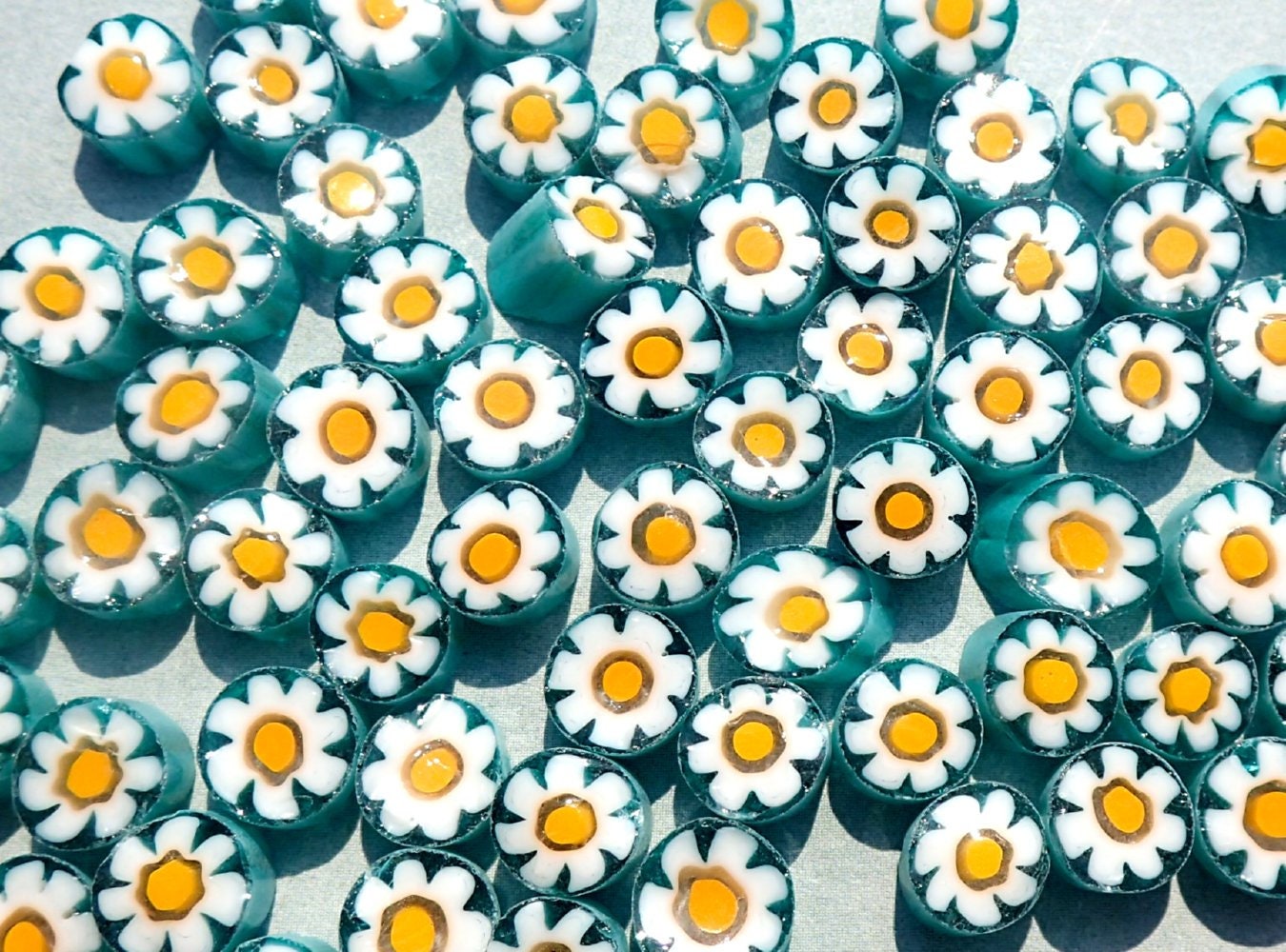 White Daisy in Teal Millefiori - 25 grams - Unique Mosaic Glass Tiles - Floral Pattern