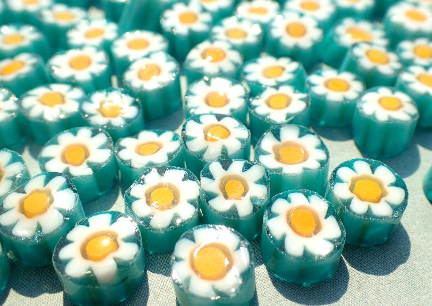 White Daisy in Teal Millefiori - 25 grams - Unique Mosaic Glass Tiles - Floral Pattern