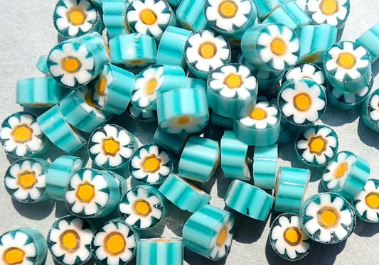 White Daisy in Teal Millefiori - 25 grams - Unique Mosaic Glass Tiles - Floral Pattern