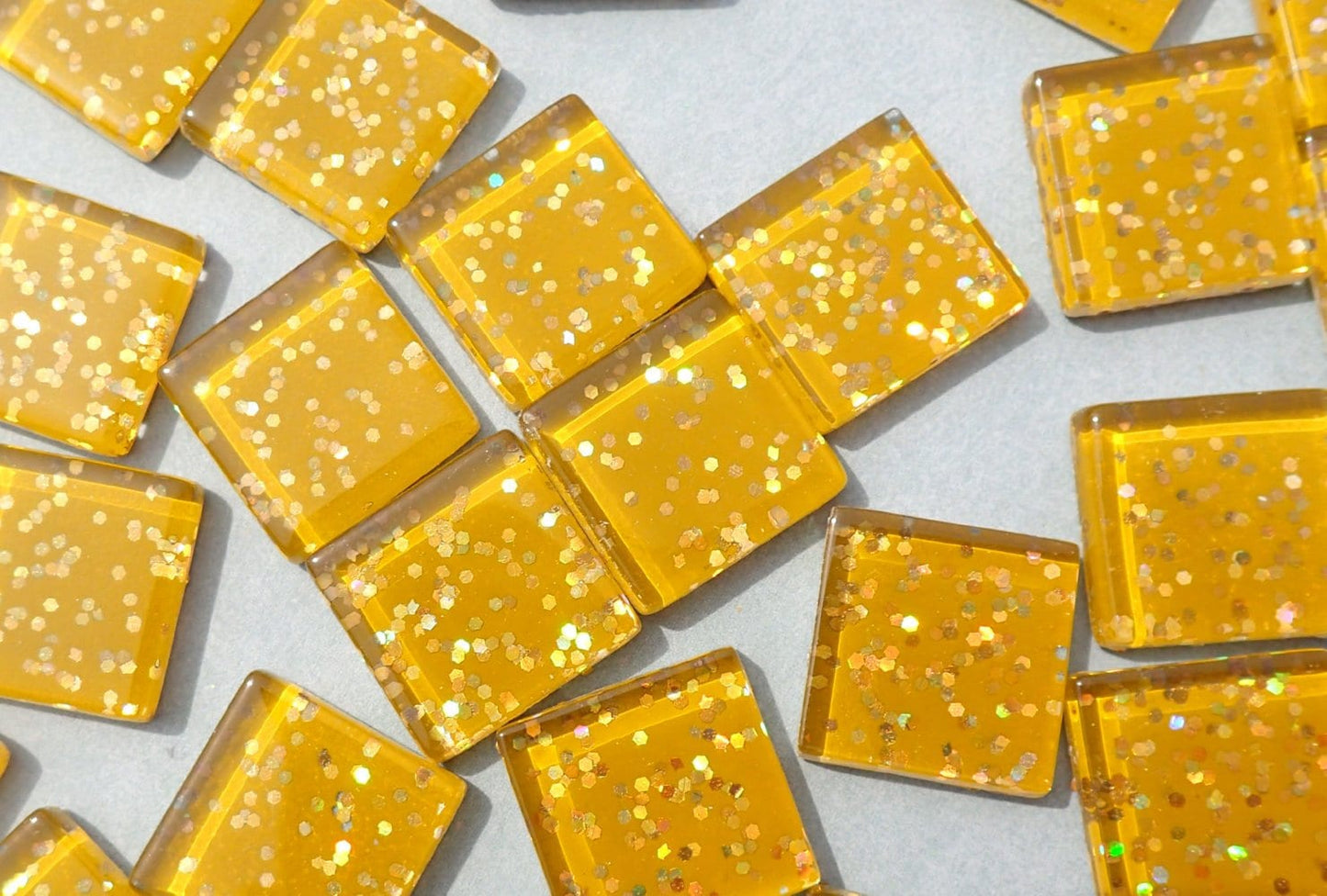 Harvest Gold Glitter Tiles - 20mm Mosaic Tiles - 25 Metallic Glass Tiles with Chunky Gold Glitter