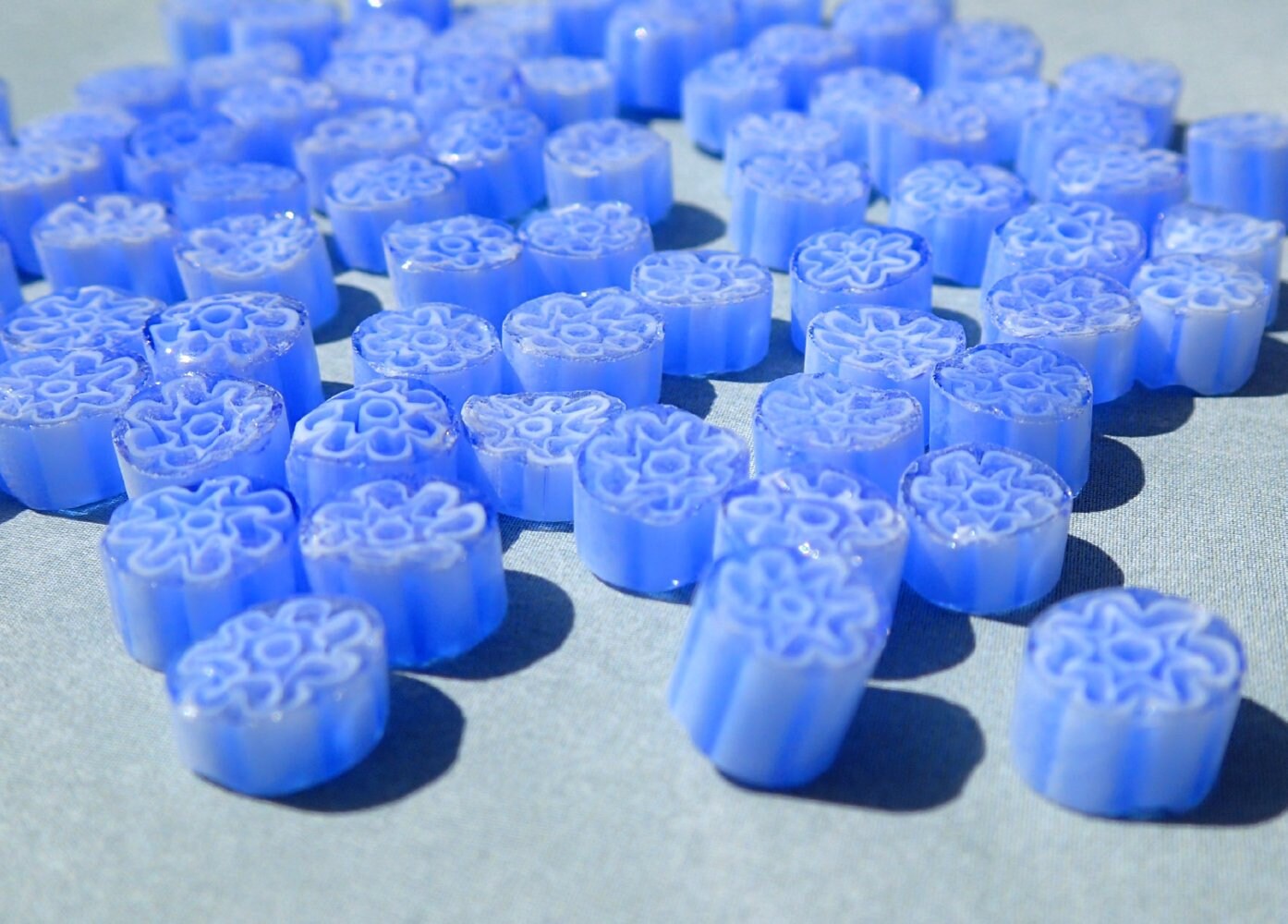 White Flowers in Blue Periwinkle Millefiori - 25 grams - Glass Tiles - Floral Pattern
