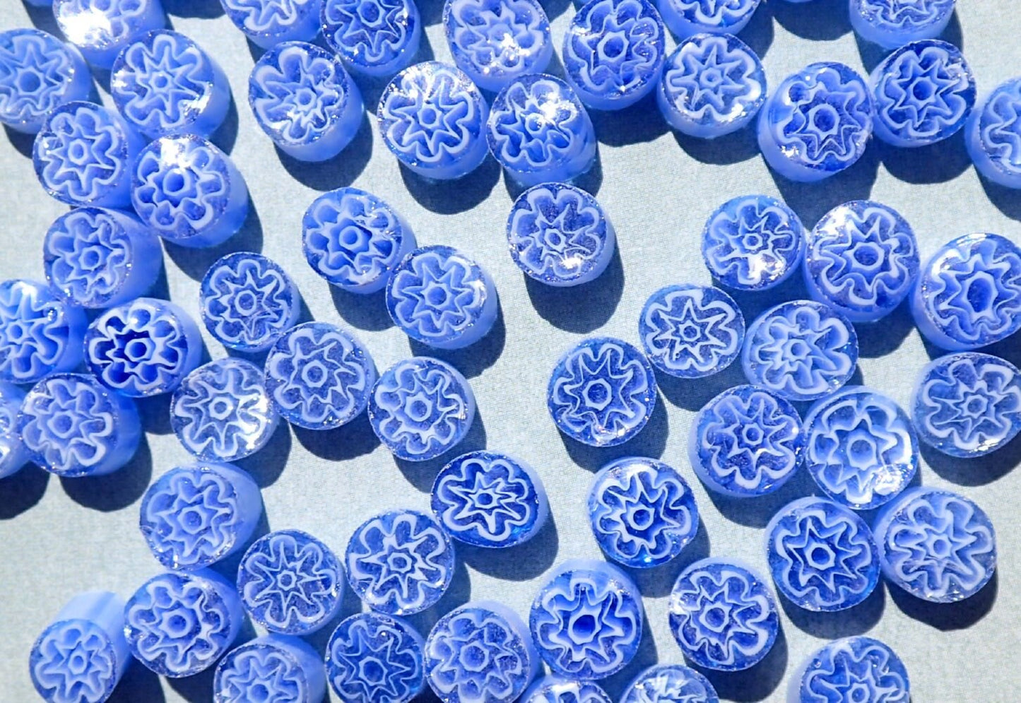 White Flowers in Blue Periwinkle Millefiori - 25 grams - Glass Tiles - Floral Pattern