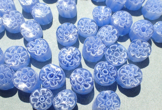 White Flowers in Blue Periwinkle Millefiori - 25 grams - Glass Tiles - Floral Pattern