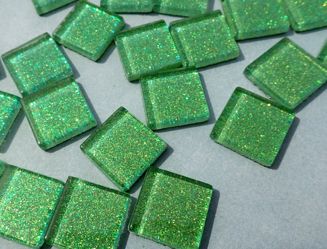 Bright Candy Green Glitter Tiles - 20mm Mosaic Tiles - 25 Metallic Glass Tiles