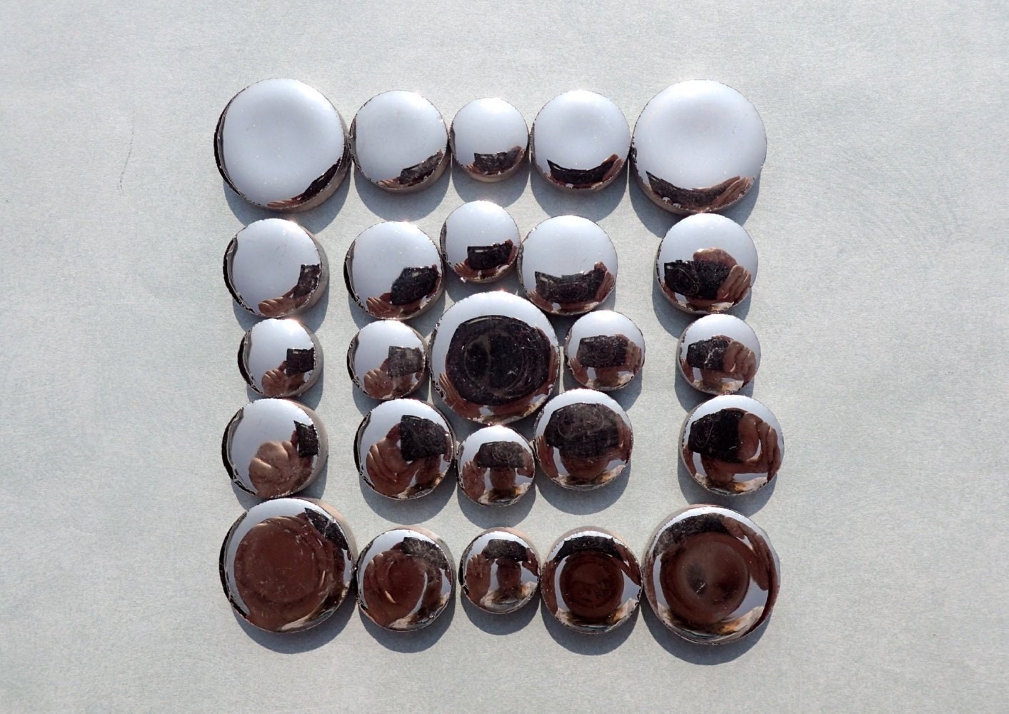 Silver Circles Mosaic Tiles - 50g Ceramic in Mix of 3 Sizes 1/2" and 3/4" and 5/8" Metallic