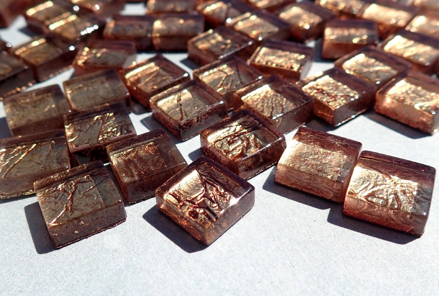 Bronze Foil Mini Square Crystal Tiles - 10mm - 50g Metallic Glass Tiles - Approx 50 Tiles
