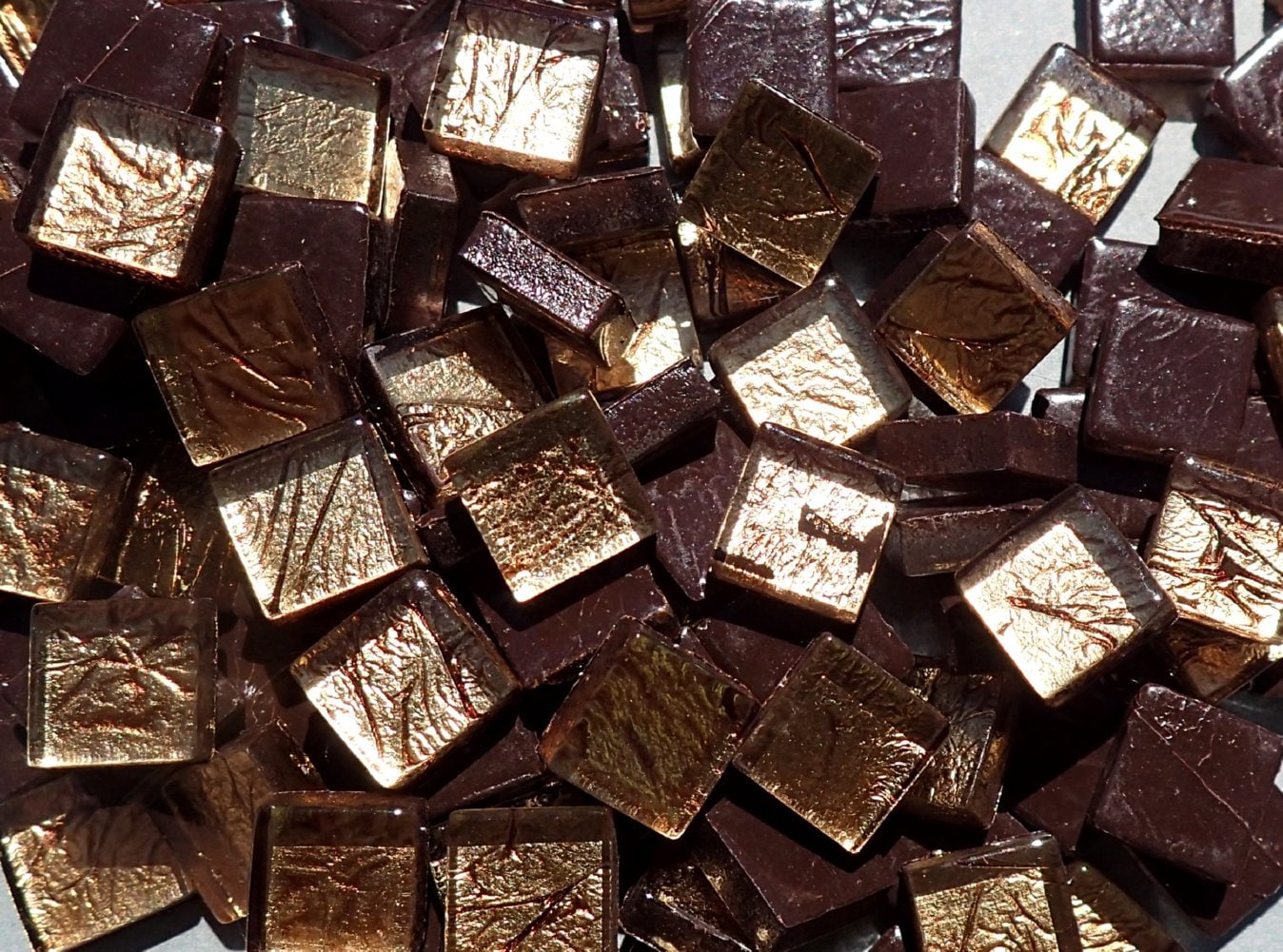 Bronze Foil Mini Square Crystal Tiles - 10mm - 50g Metallic Glass Tiles - Approx 50 Tiles