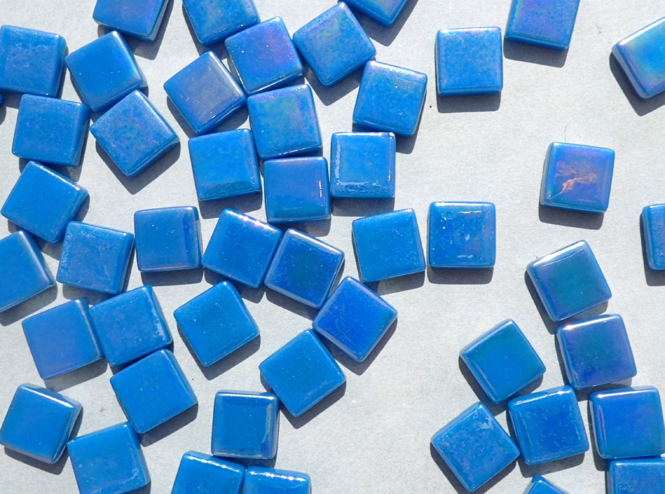 Dark Lake Blue Iridescent Glass Square Mosaic Tiles - 12mm - 50g - Approx 35 Tiles