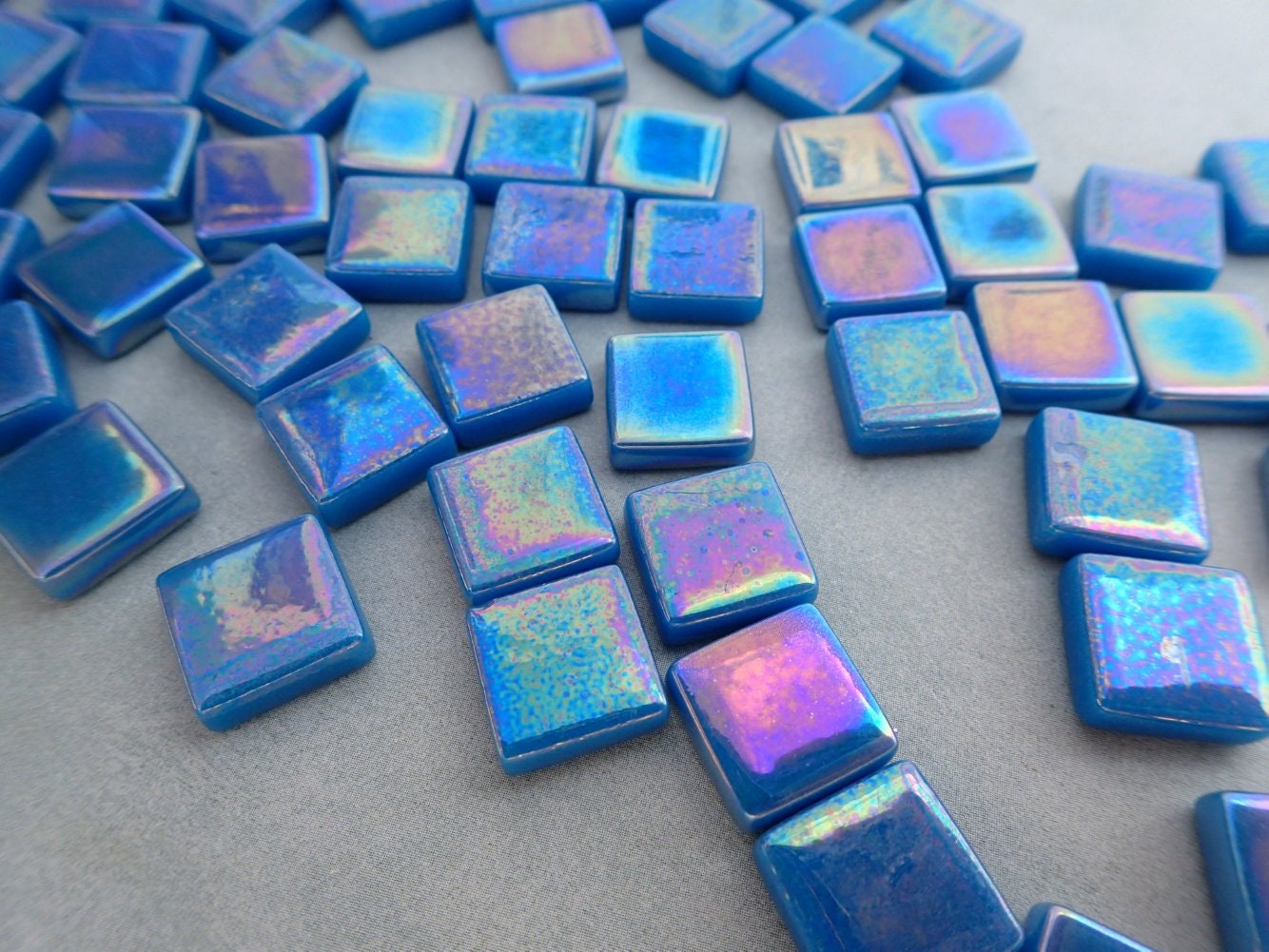 Dark Lake Blue Iridescent Glass Square Mosaic Tiles - 12mm - 50g - Approx 35 Tiles