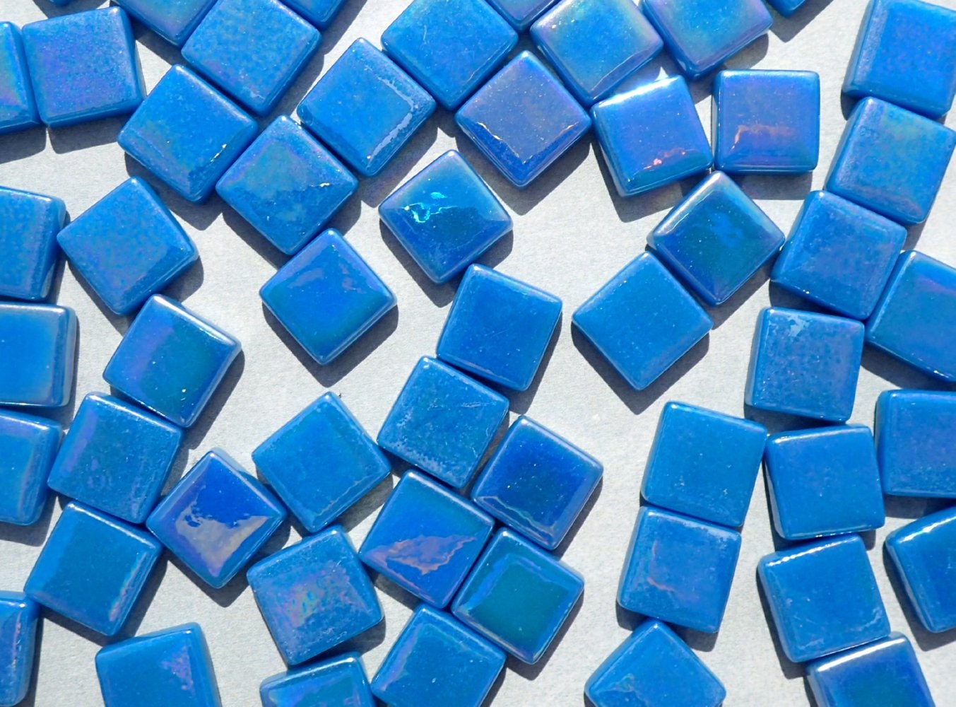 Dark Lake Blue Iridescent Glass Square Mosaic Tiles - 12mm - 50g - Approx 35 Tiles