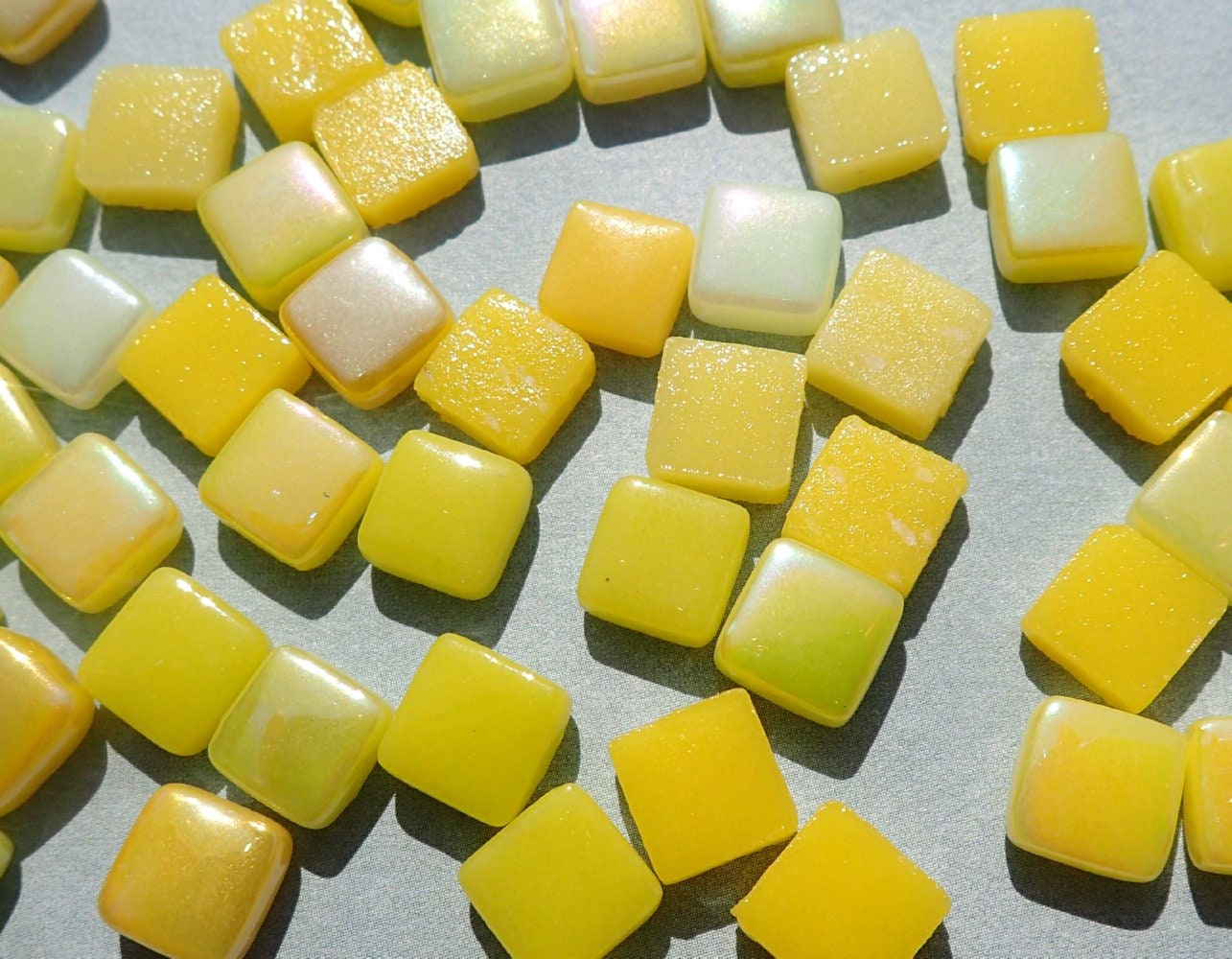 Ripe Lemons Mix Mini Glass Tiles - 8mm Square - 50 grams Opaque Glass Solid Color Mix of Bright and Pale Yellow Iridescent and Matte Tiles