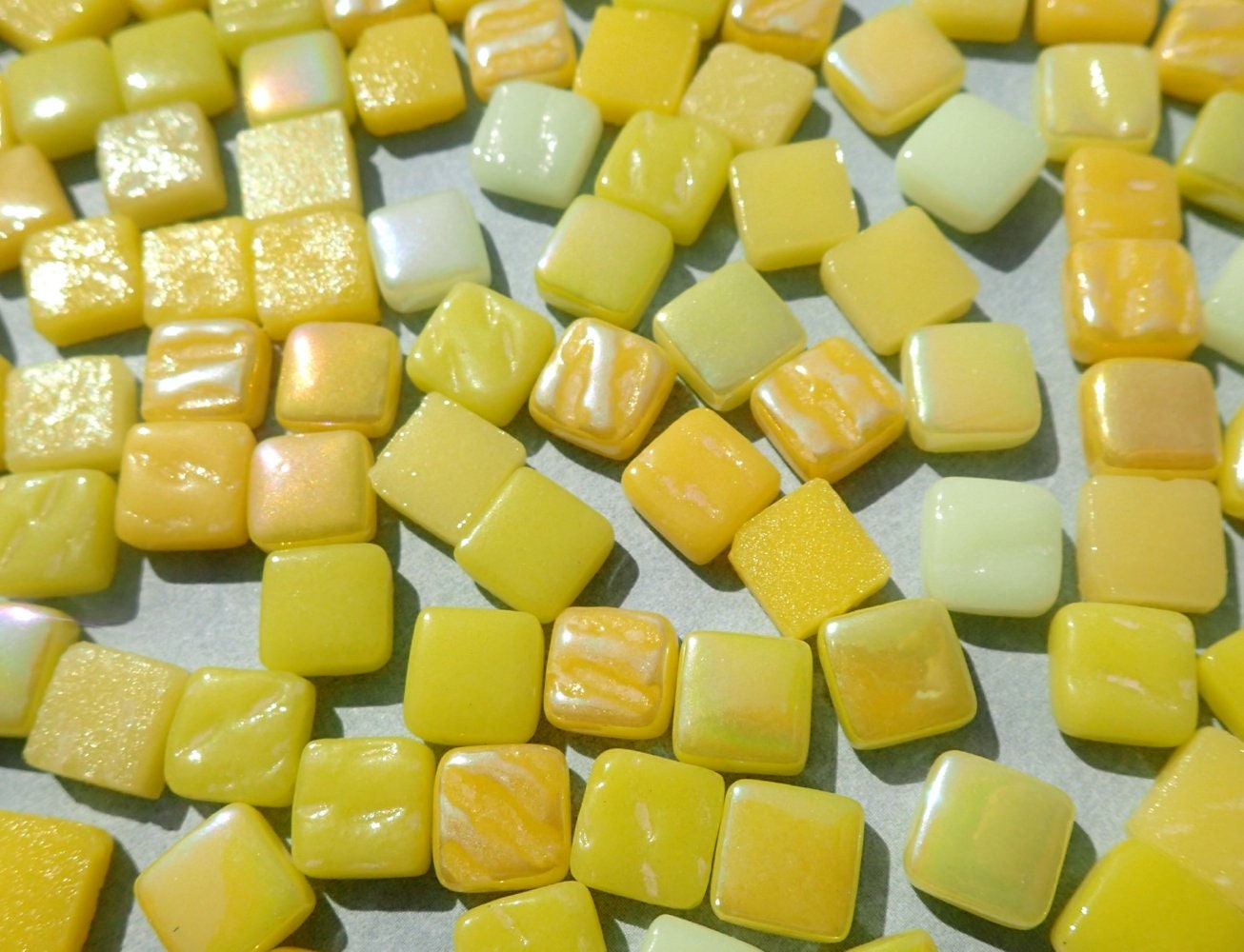 Ripe Lemons Mix Mini Glass Tiles - 8mm Square - 50 grams Opaque Glass Solid Color Mix of Bright and Pale Yellow Iridescent and Matte Tiles