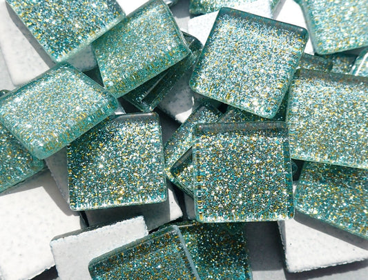 Jungle Green Glitter Tiles - 20mm Mosaic Tiles - 25 Metallic Glass Tiles
