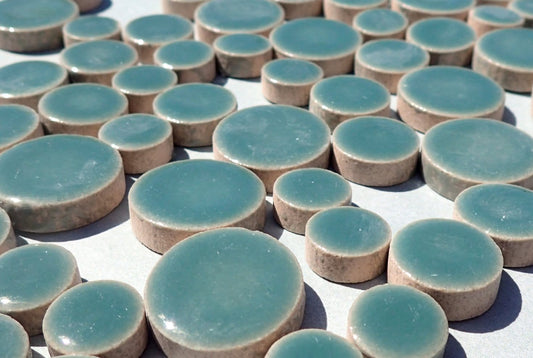 Deep Sea Green Circles Mosaic Tiles - 50g Ceramic in Mix of 3 Sizes 1/2" and 3/4" and 5/8" in Phthalo Green