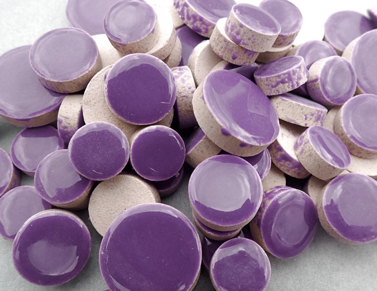 Purple Circles Mosaic Tiles - 50g Ceramic in Mix of 3 Sizes 1/2" and 3/4" and 5/8"