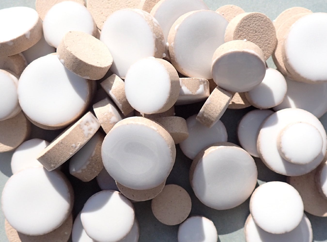 White Circles Mosaic Tiles - 50g Ceramic in Mix of 3 Sizes 1/2" and 3/4" and 5/8"