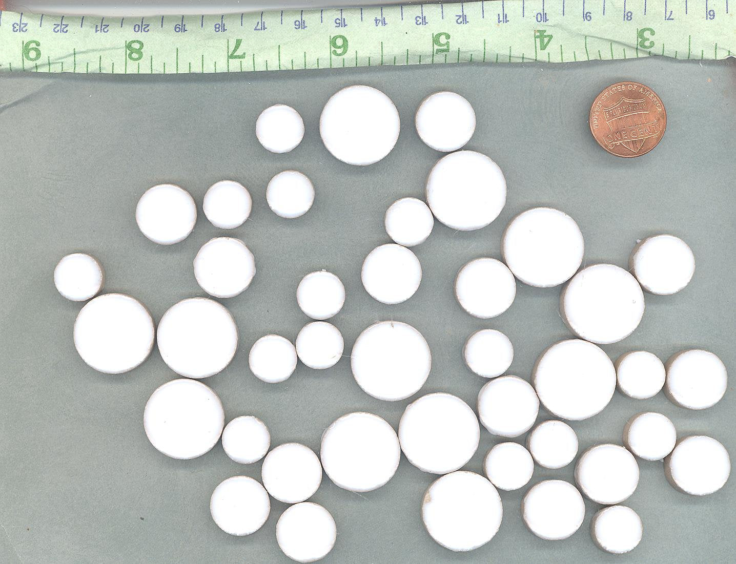 White Circles Mosaic Tiles - 50g Ceramic in Mix of 3 Sizes 1/2" and 3/4" and 5/8"