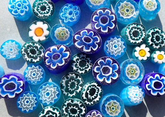 By the Sea Blue Millefiori - 25 grams - Unique Mosaic Glass Tiles - Mix of Different Floral Patterns