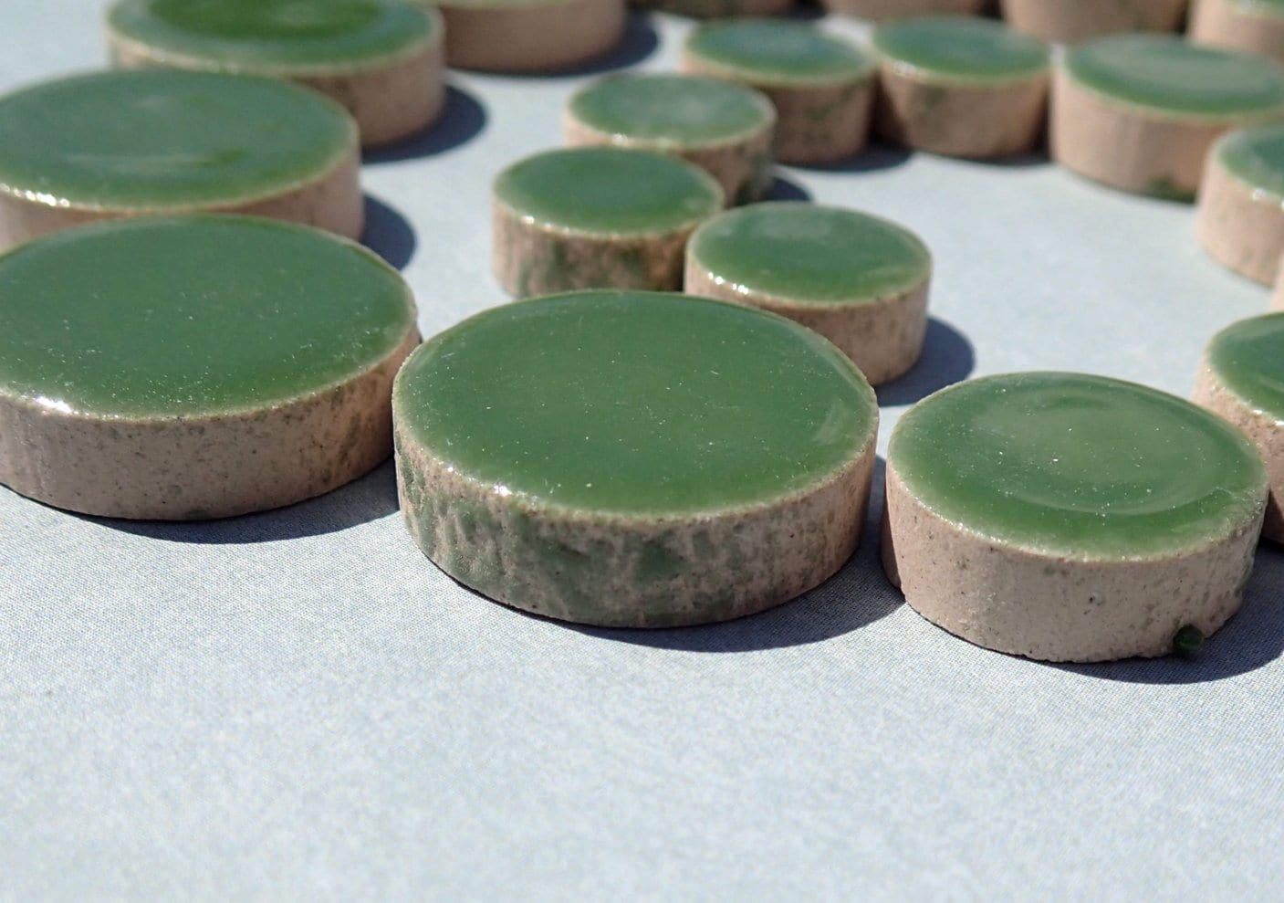 Eucalyptus Green Circles Mosaic Tiles - 50g Ceramic in Mix of 3 Sizes 1/2" and 3/4" and 5/8"