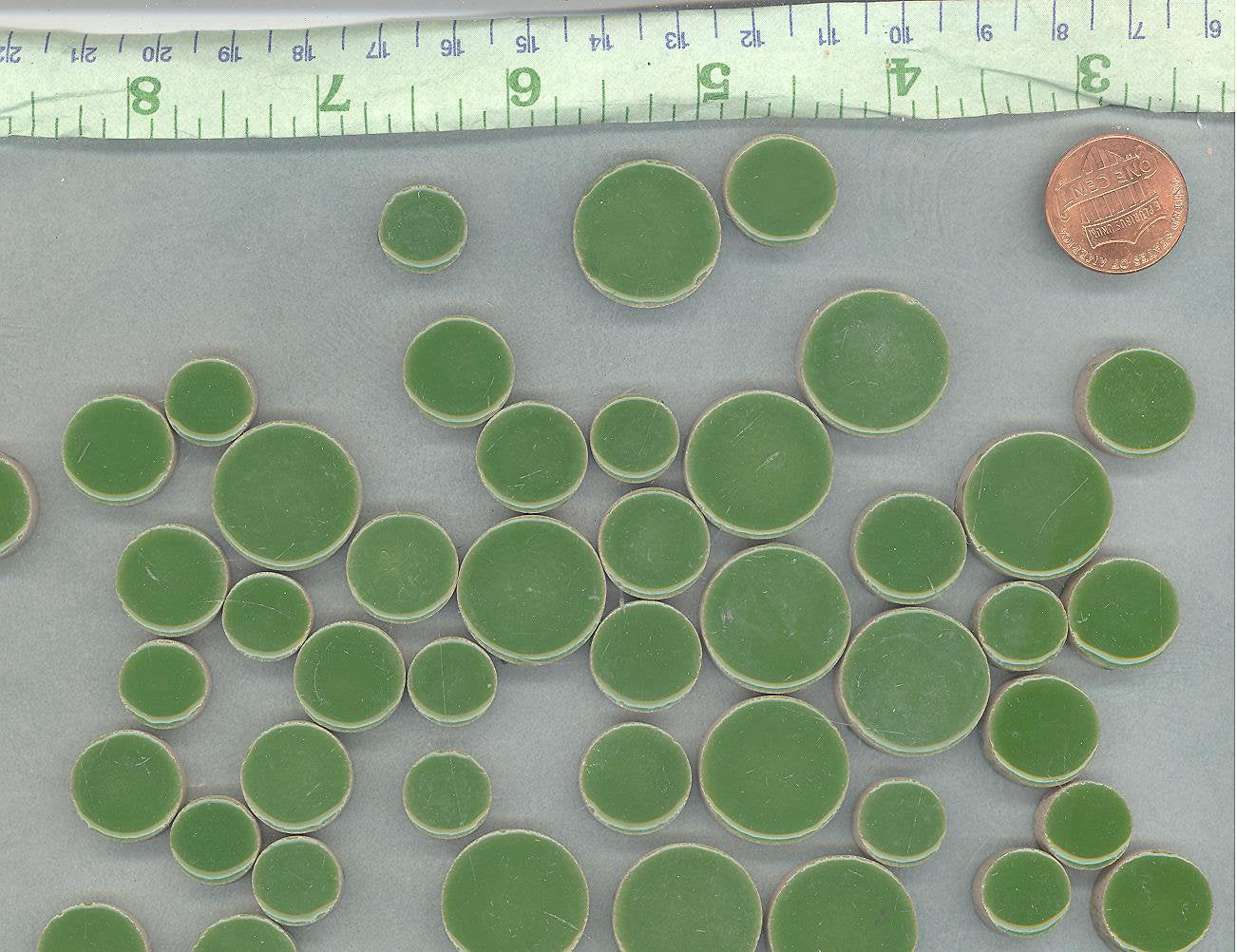 Eucalyptus Green Circles Mosaic Tiles - 50g Ceramic in Mix of 3 Sizes 1/2" and 3/4" and 5/8"
