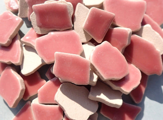 Dusty Pink Mosaic Ceramic Tiles - Jigsaw Puzzle Shaped Pieces - Half Pound - Assorted Sizes Random Shapes
